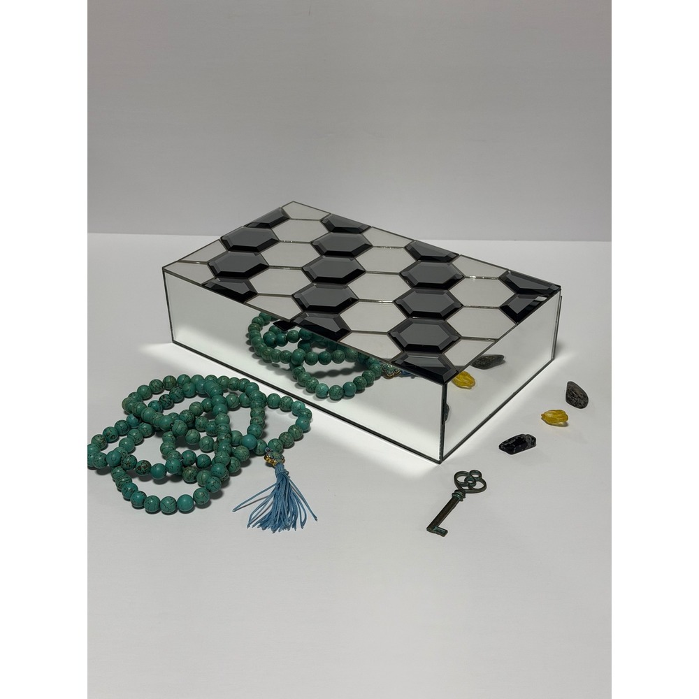 Modern Mirrored Jewelry Box Black Silver Hexagon Honeycomb Beveled Glass Large